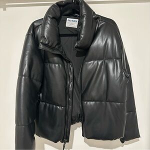 Old Navy Women's Black Puffer Coat- Faux Leather